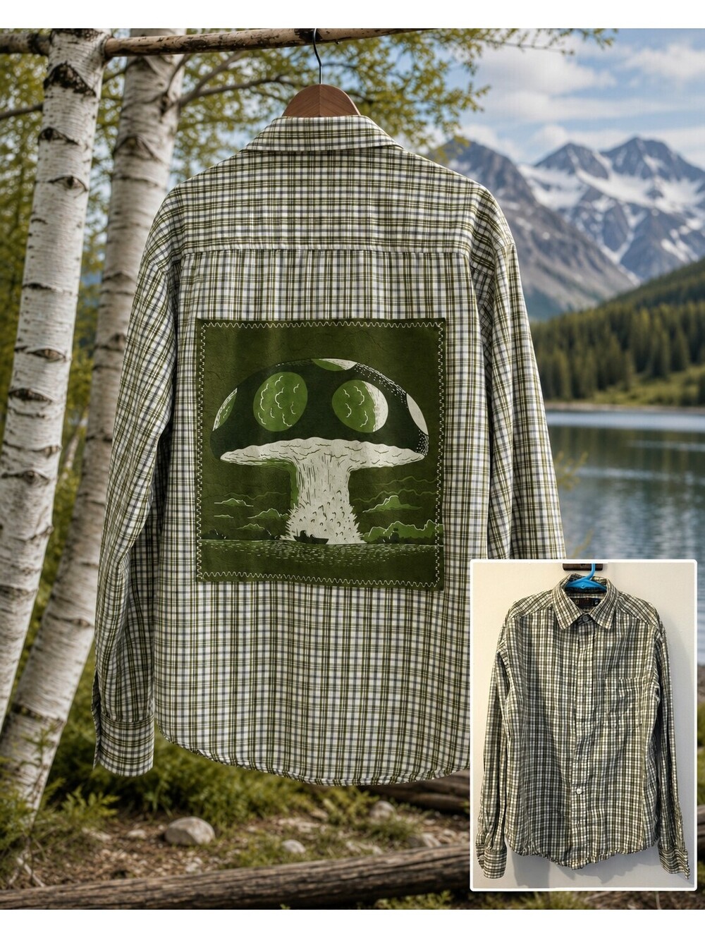 8 2 Zero Men's Medium Green Plaid Button-Up Shirt with Unique Mushroom Patch